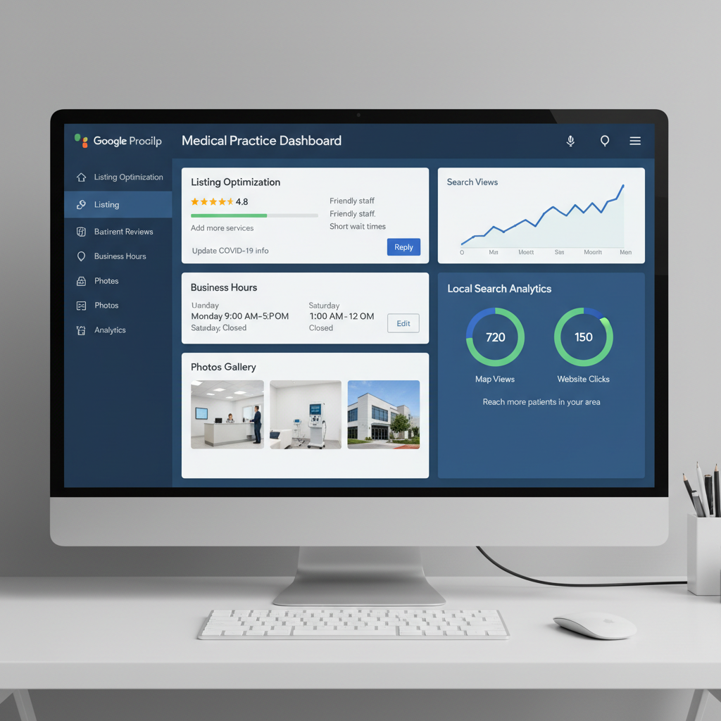 Google Business Profile management dashboard showing healthcare practice listing with reviews, photos, analytics, and Local Pack ranking position