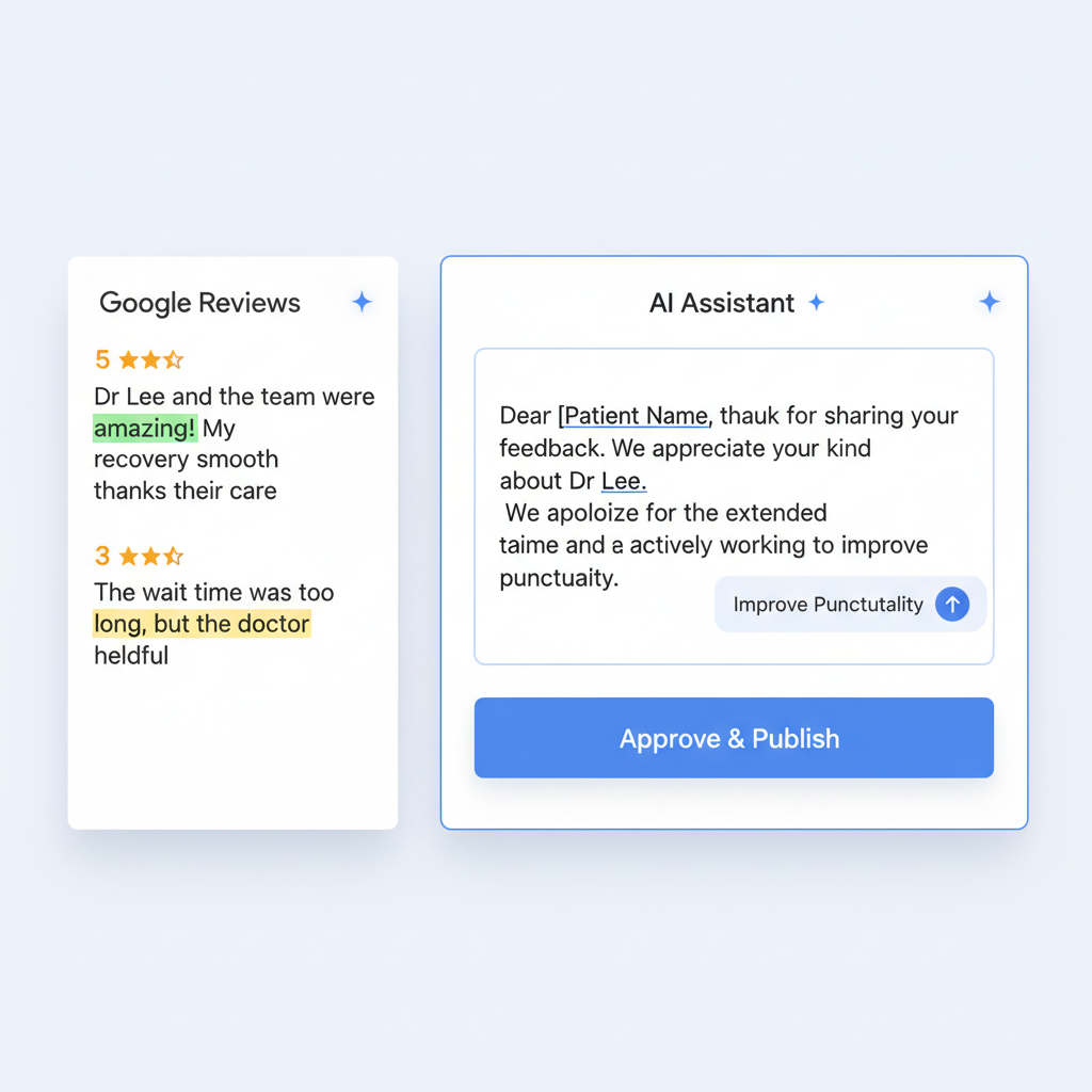 Google Business Profile review management dashboard showing star rating trends, review responses, and patient feedback monitoring for a healthcare practice