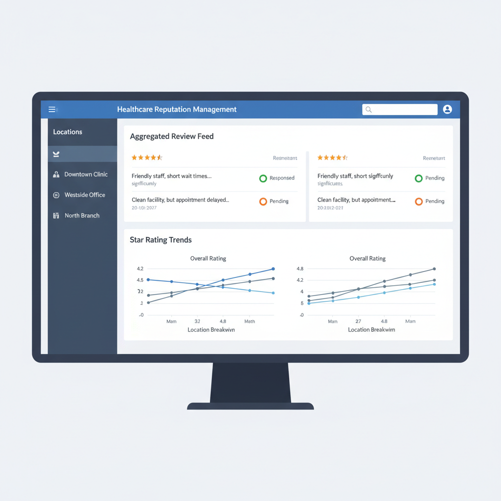 Centralized Google reviews dashboard for multi-location healthcare practice management showing all profiles and performance metrics