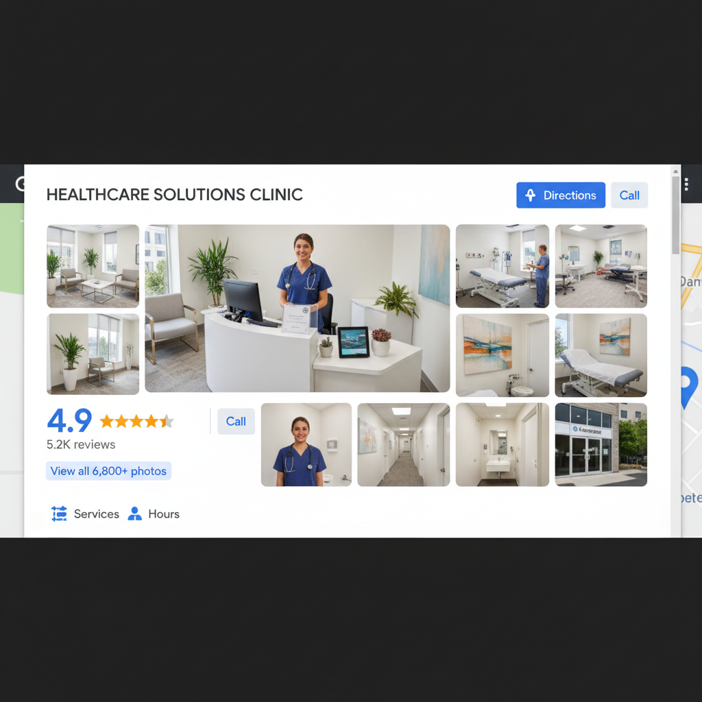 Google Business Profile photo gallery showing healthcare practice interior, staff team photos, medical equipment, and patient experience images