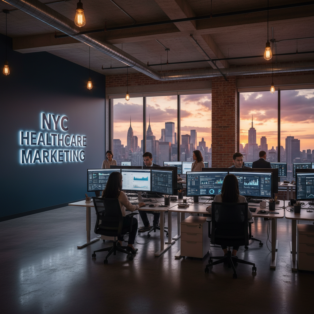 NYC Healthcare Marketing modern NYC office with diverse team working at standing desks with 2 large monitors, floor-to-ceiling windows revealing the NYC skyline at golden hour, and a large illuminated NYC Healthcare Marketing wall sign