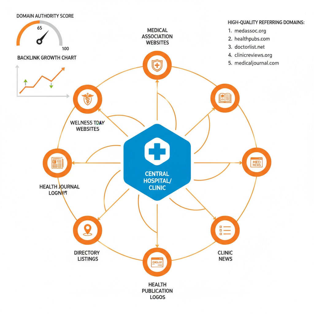 Healthcare organic traffic service overview showing 30 monthly articles, backlink authority network, and AI engine visibility for medical practices